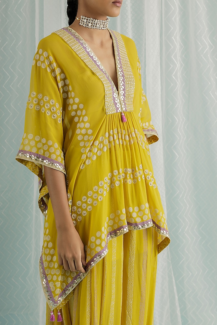 Canary Georgette Printed & Embroidered Kaftan Set by Surbhi Gupta at Pernia's Pop Up Shop