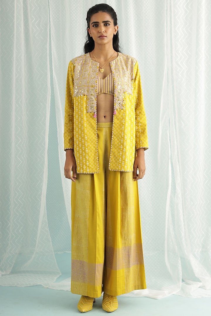 Canary Cotton Silk Printed & Embroidered Jacket Set by Surbhi Gupta at Pernia's Pop Up Shop