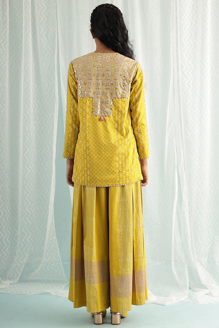 Canary Cotton Silk Printed & Embroidered Jacket Set by Surbhi Gupta at Pernia's Pop Up Shop