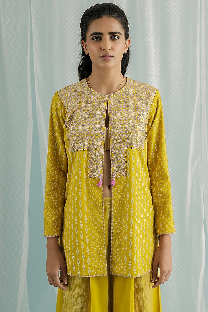 Canary Cotton Silk Printed & Embroidered Jacket Set by Surbhi Gupta at Pernia's Pop Up Shop