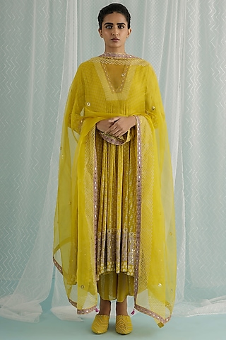 Canary Georgette Embroidered Anarkali Set by Surbhi Gupta
