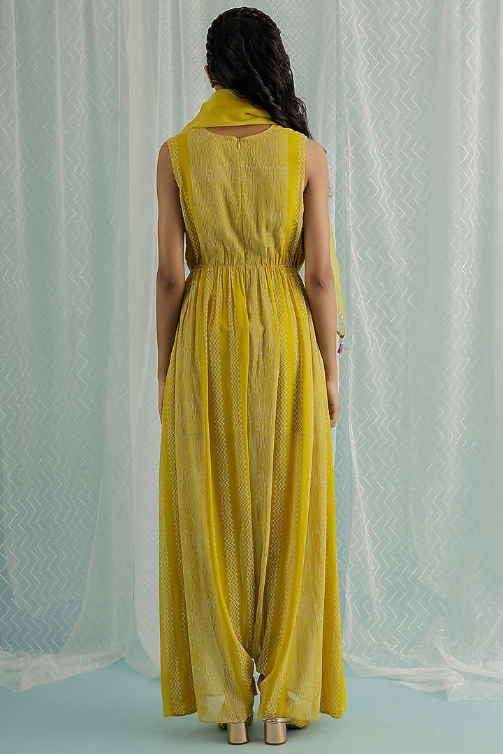 Canary Georgette Jumpsuit With Stole by Surbhi Gupta at Pernia's Pop Up Shop