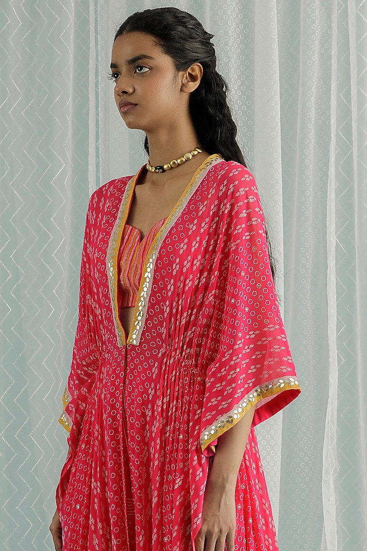 Fuchsia Georgette Printed & Embroidered Cape Set by Surbhi Gupta at Pernia's Pop Up Shop