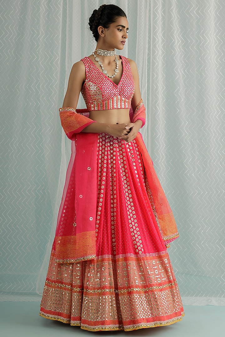 Fuchsia Georgette Printed Wedding Lehenga Set by Surbhi Gupta at Pernia's Pop Up Shop