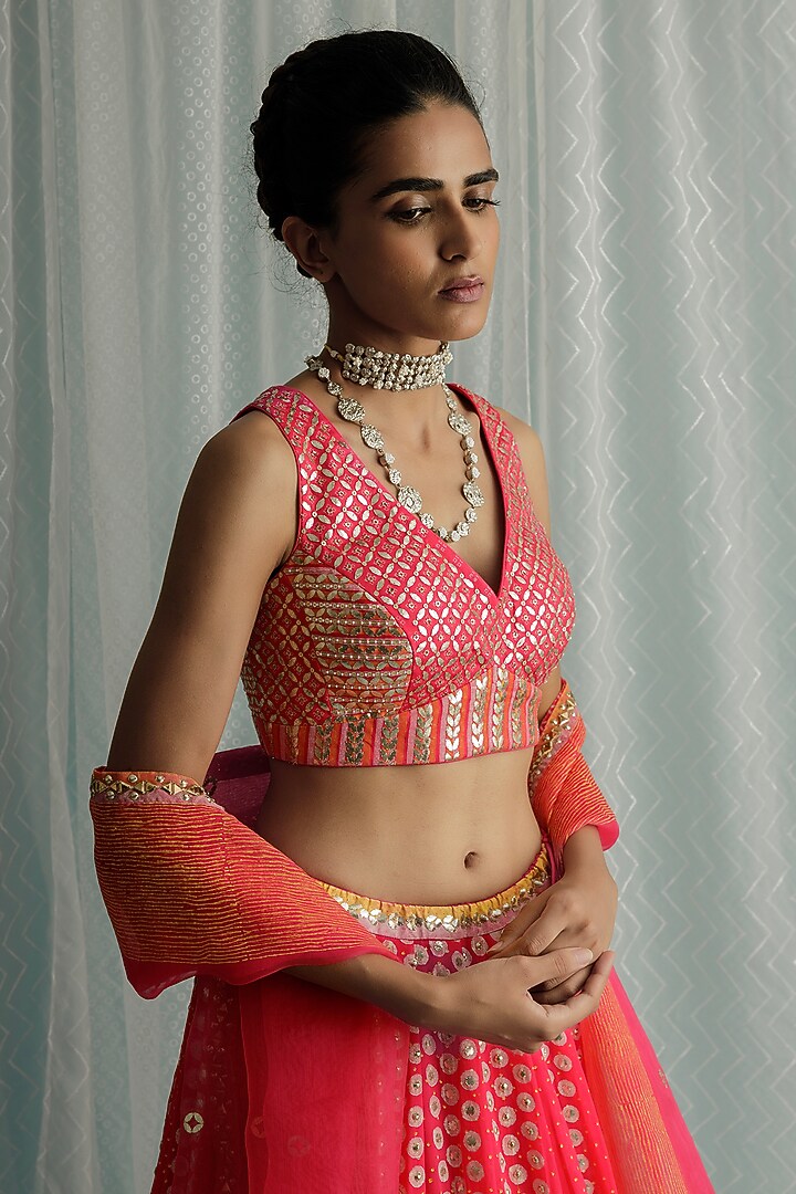 Fuchsia Georgette Printed Wedding Lehenga Set by Surbhi Gupta at Pernia's Pop Up Shop