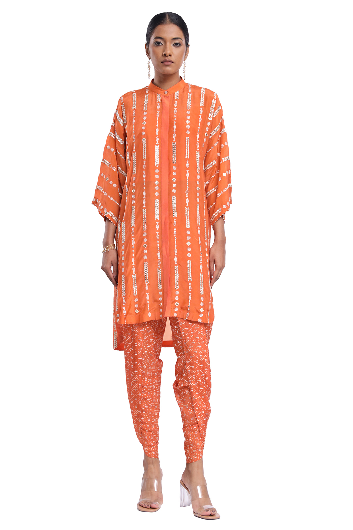 Orange Habutai Silk Block Printed Dhoti Set by Surbhi Gupta at Pernia's Pop Up Shop