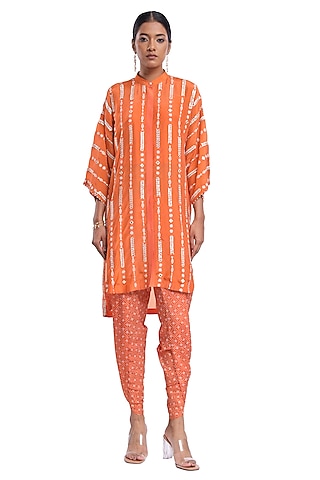 Orange Habutai Silk Block Printed Dhoti Set by Surbhi Gupta