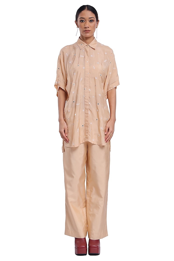 Nude Habutai Silk Resham & Pearl Embroidered Co-Ord Set by Surbhi Gupta at Pernia's Pop Up Shop