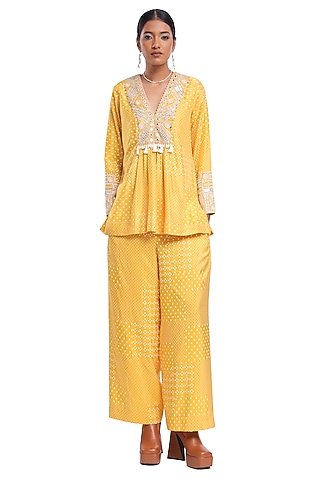 Yellow Habutai Silk Mirror Embroidered & Block Printed Co-Ord Set by Surbhi Gupta