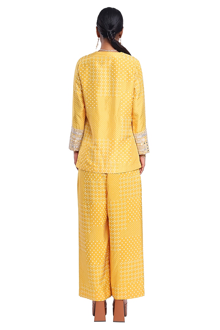 Yellow Habutai Silk Mirror Embroidered & Block Printed Co-Ord Set by Surbhi Gupta at Pernia's Pop Up Shop