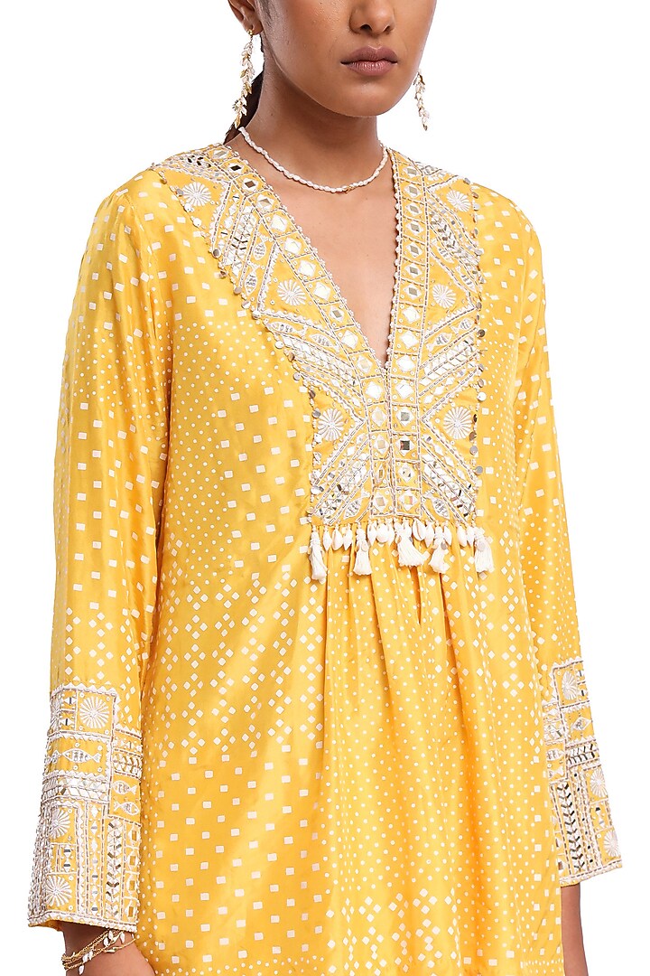 Yellow Habutai Silk Mirror Embroidered & Block Printed Co-Ord Set by Surbhi Gupta at Pernia's Pop Up Shop