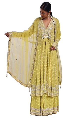 Lime Green Georgette Resham & Pearl Embroidered Anarkali Set by Surbhi Gupta