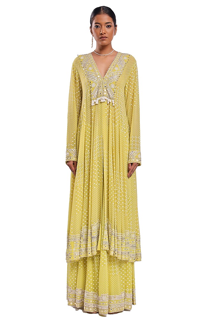 Lime Green Georgette Resham & Pearl Embroidered Wedding Anarkali Set by Surbhi Gupta at Pernia's Pop Up Shop