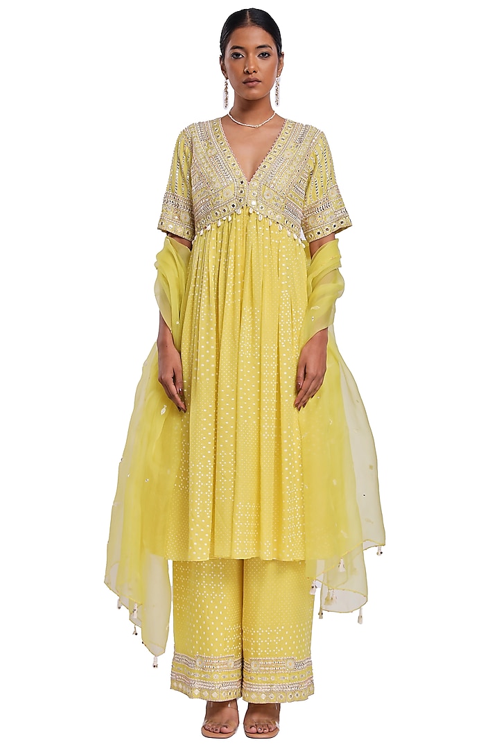 Lime Green Bemberg Organza Pearl & Mirror Embroidered Wedding Anarkali Set by Surbhi Gupta at Pernia's Pop Up Shop