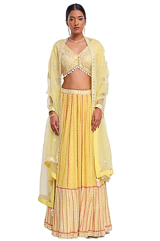 Lime Green Georgette Hand Block Printed Lehenga Set by Surbhi Gupta