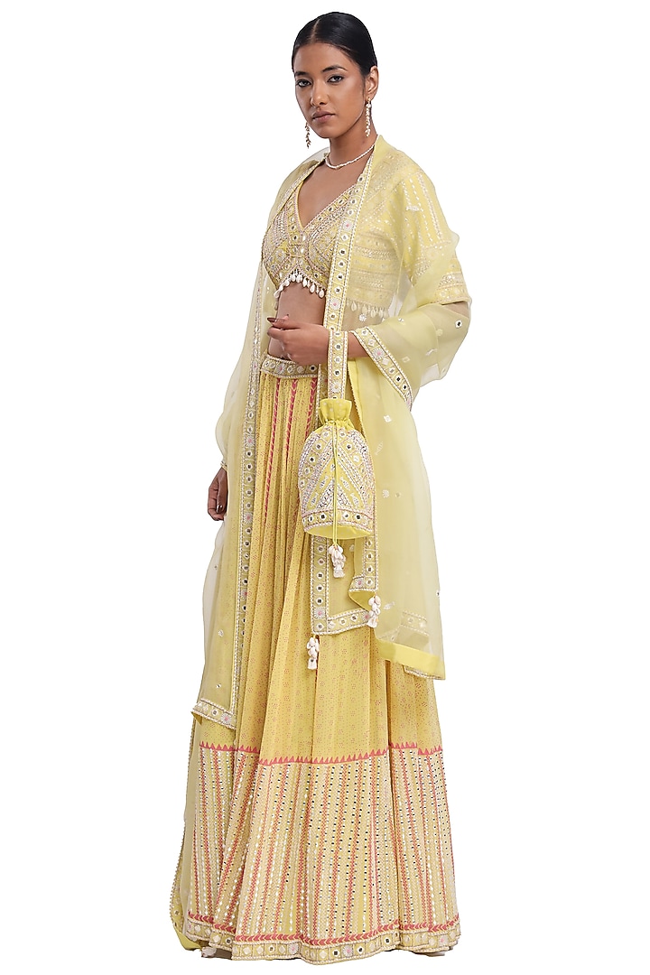 Lime Green Georgette Hand Block Printed Wedding Lehenga Set by Surbhi Gupta at Pernia's Pop Up Shop