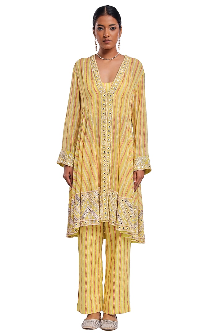 Lime Green Georgette Resham & Mirror Embroidered Wedding Anarkali Set by Surbhi Gupta at Pernia's Pop Up Shop