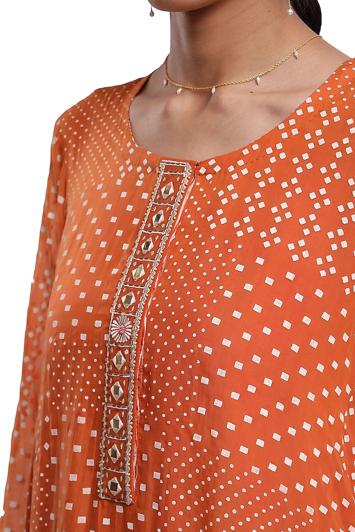 Orange Bemberg Organza Hand Block Printed A-Line Kurta Set by Surbhi Gupta at Pernia's Pop Up Shop