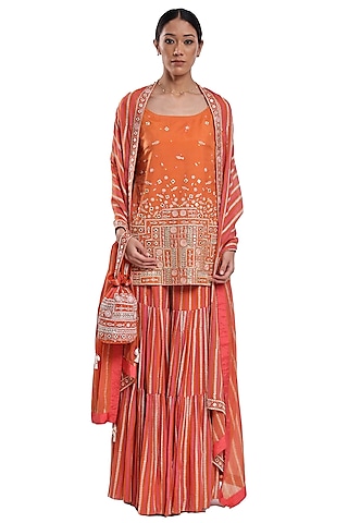 Orange Georgette Hand Block Printed Tiered Sharara Set by Surbhi Gupta
