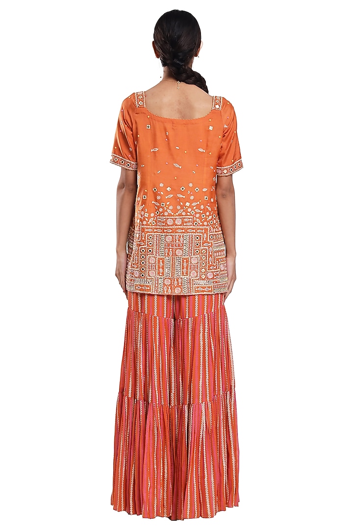 Orange Georgette Hand Block Printed Tiered Wedding Sharara Set by Surbhi Gupta at Pernia's Pop Up Shop