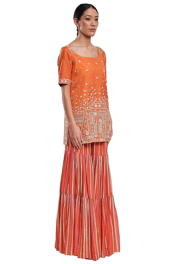 Orange Georgette Hand Block Printed Tiered Wedding Sharara Set by Surbhi Gupta at Pernia's Pop Up Shop