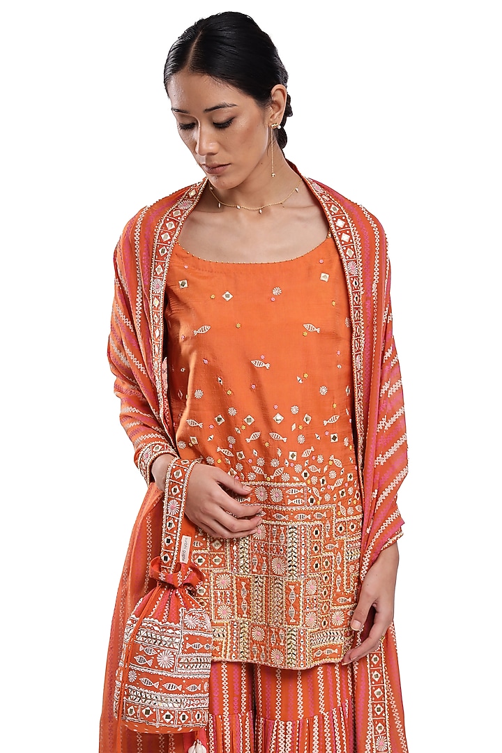 Orange Georgette Hand Block Printed Tiered Wedding Sharara Set by Surbhi Gupta at Pernia's Pop Up Shop