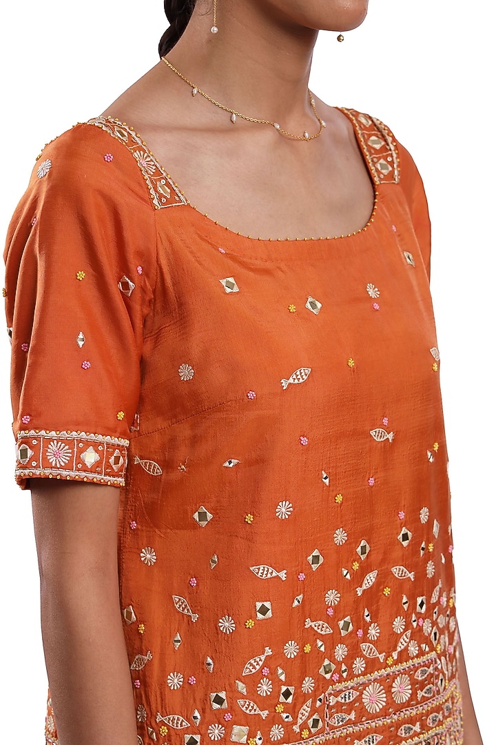 Orange Georgette Hand Block Printed Tiered Wedding Sharara Set by Surbhi Gupta at Pernia's Pop Up Shop