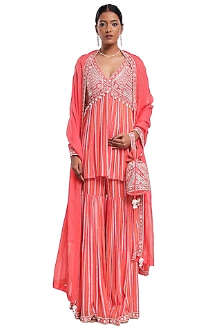 Pink Georgette Hand Block Printed Tiered Sharara Set by Surbhi Gupta