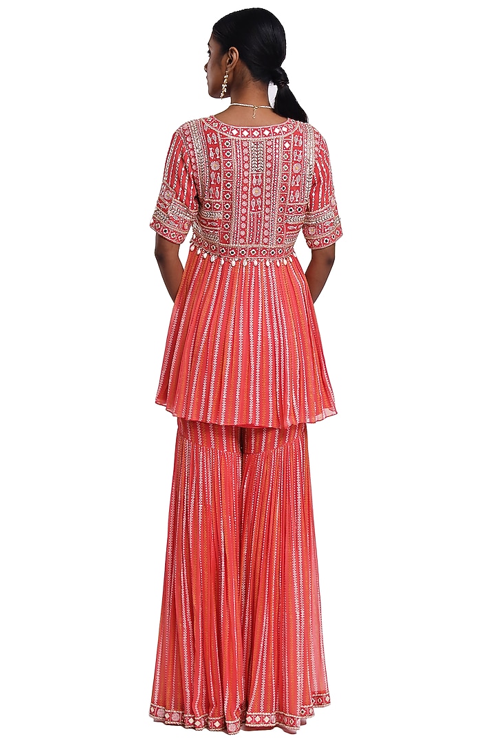Pink Georgette Hand Block Printed Tiered Wedding Sharara Set by Surbhi Gupta at Pernia's Pop Up Shop