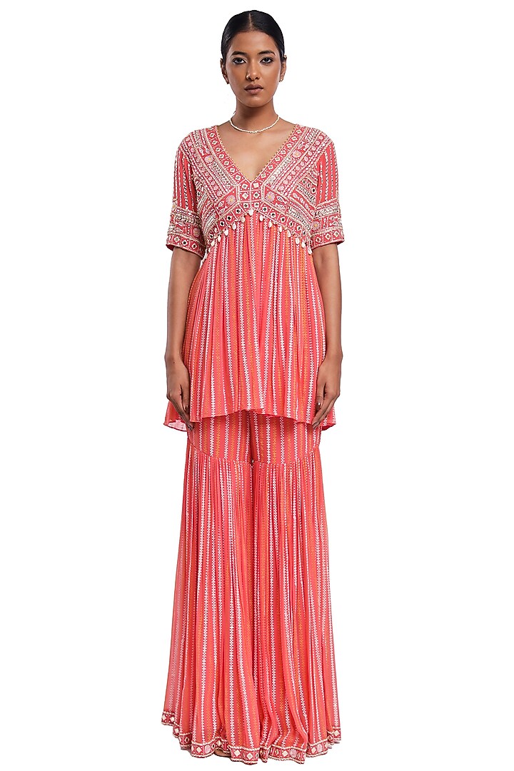 Pink Georgette Hand Block Printed Tiered Wedding Sharara Set by Surbhi Gupta at Pernia's Pop Up Shop