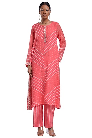 Pink Bemberg Organza Hand Block Printed A-Line Kurta Set by Surbhi Gupta