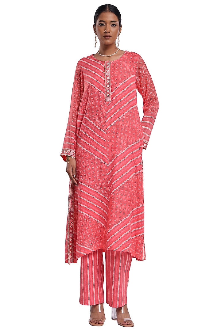 Pink Bemberg Organza Hand Block Printed A-Line Kurta Set by Surbhi Gupta at Pernia's Pop Up Shop