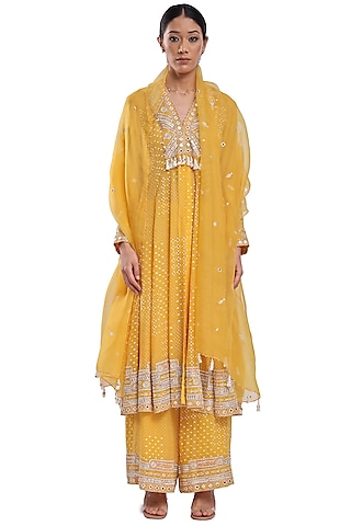 Yellow Bemberg Organza Printed & Embroidered Anarkali Set by Surbhi Gupta