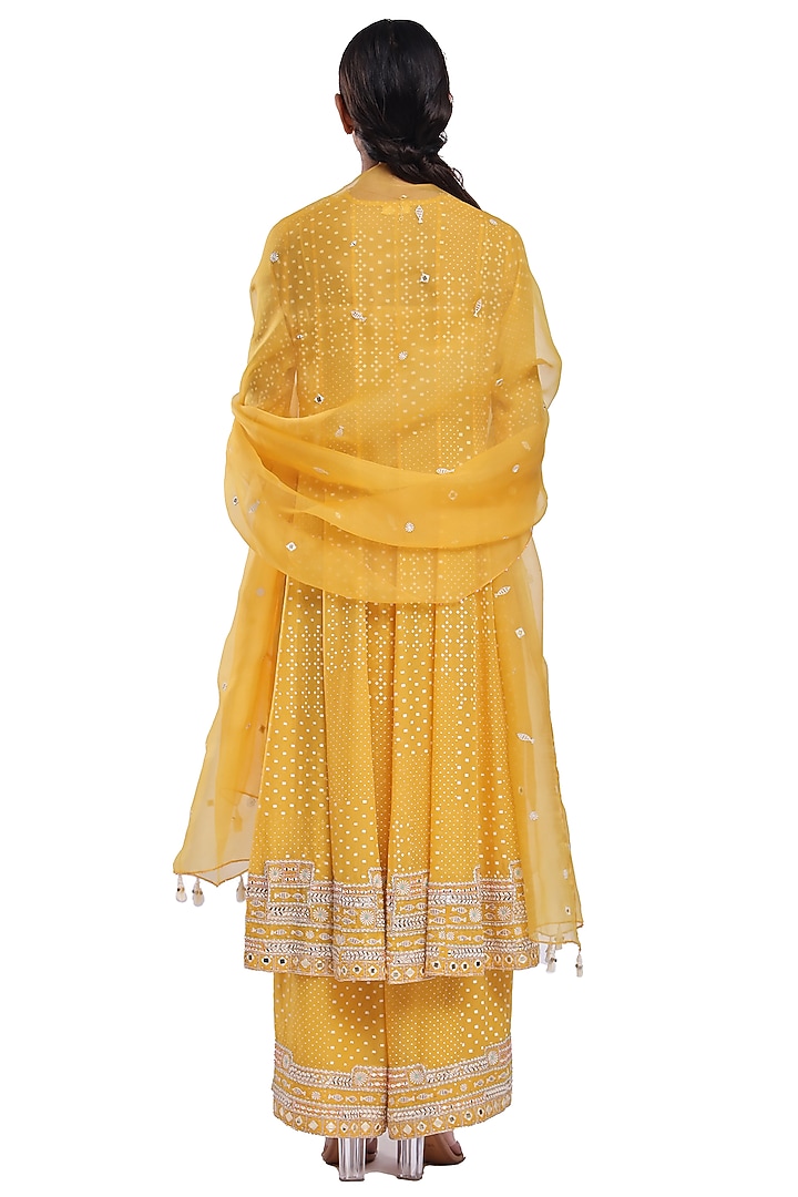 Yellow Bemberg Organza Printed & Embroidered Wedding Anarkali Set by Surbhi Gupta at Pernia's Pop Up Shop