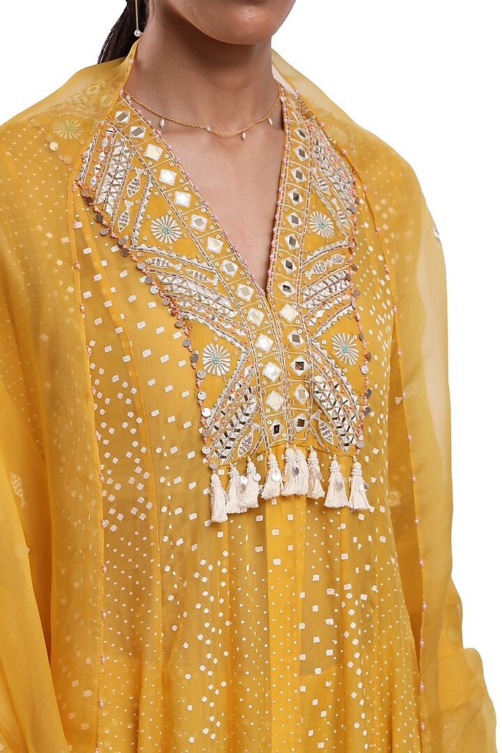 Yellow Bemberg Organza Printed & Embroidered Wedding Anarkali Set by Surbhi Gupta at Pernia's Pop Up Shop