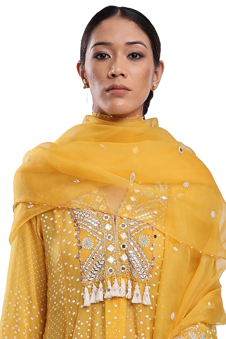 Yellow Bemberg Organza Printed & Embroidered Wedding Anarkali Set by Surbhi Gupta at Pernia's Pop Up Shop