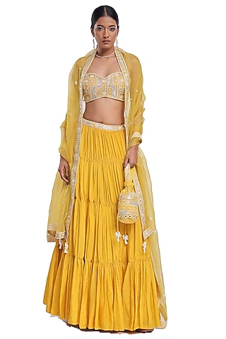 Yellow Habutai SIlk Crinkled Tiered Skirt Set by Surbhi Gupta