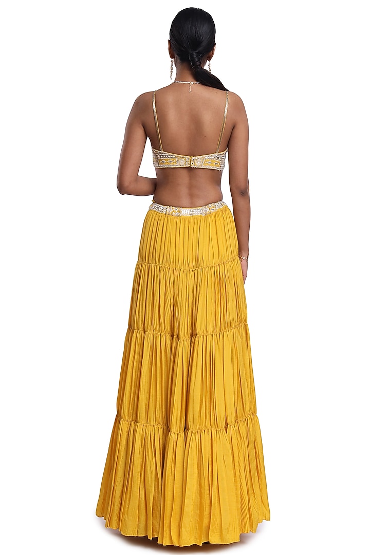 Yellow Habutai SIlk Crinkled Tiered Skirt Set by Surbhi Gupta at Pernia's Pop Up Shop