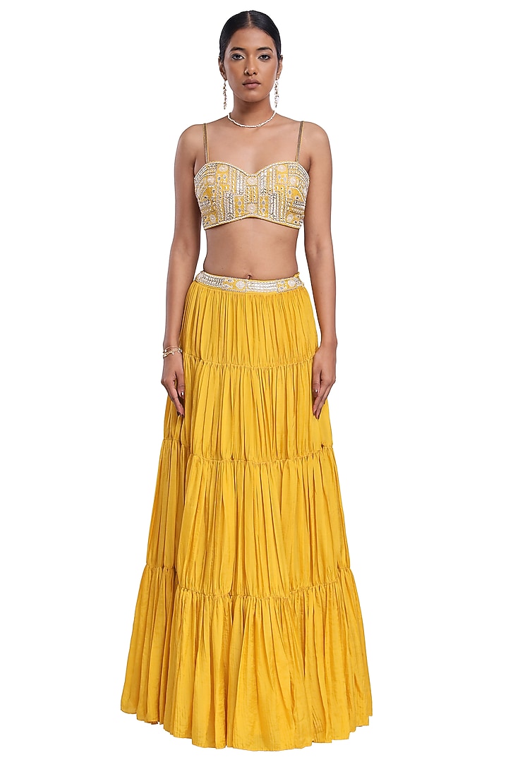 Yellow Habutai SIlk Crinkled Tiered Skirt Set by Surbhi Gupta at Pernia's Pop Up Shop