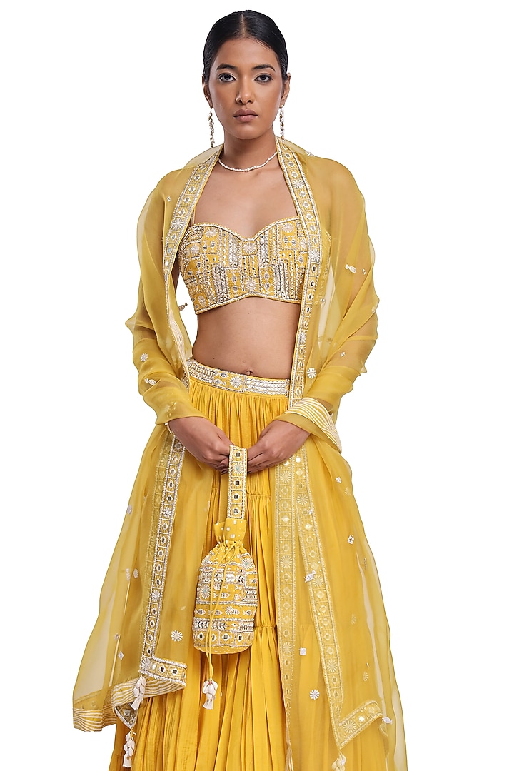 Yellow Habutai SIlk Crinkled Tiered Skirt Set by Surbhi Gupta at Pernia's Pop Up Shop