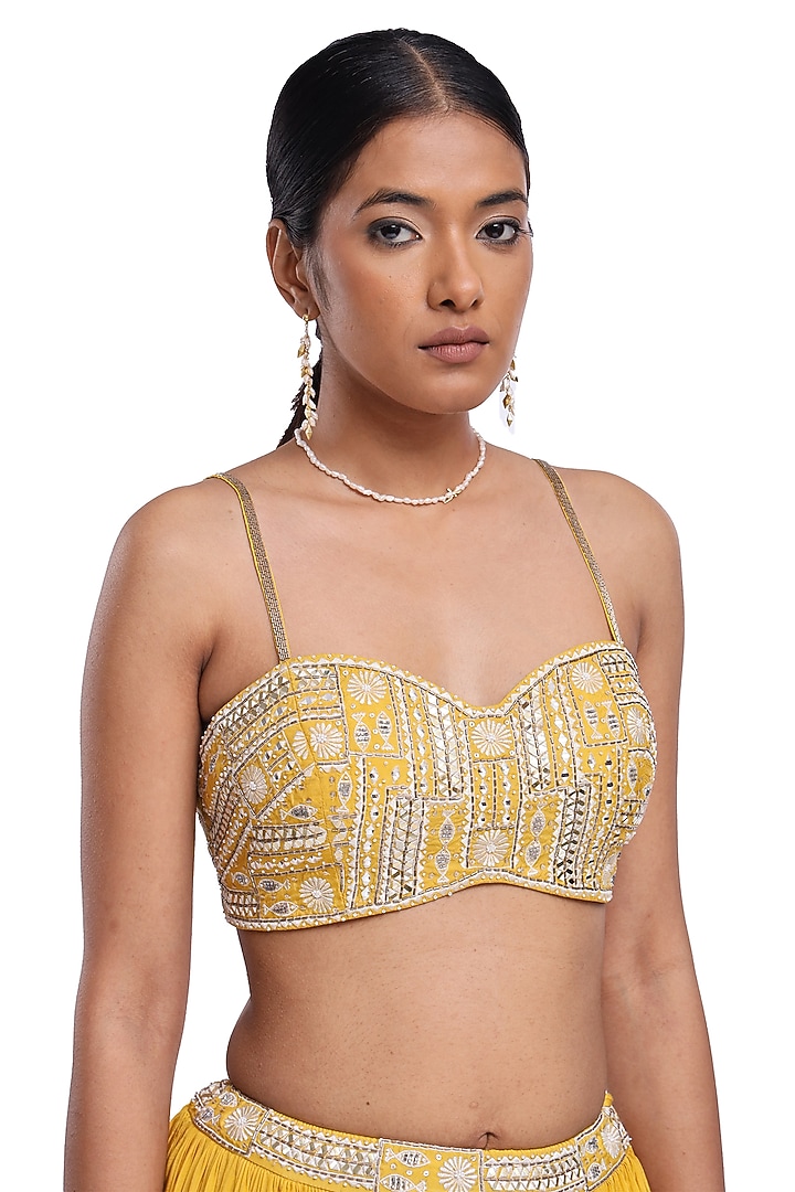 Yellow Habutai SIlk Crinkled Tiered Skirt Set by Surbhi Gupta at Pernia's Pop Up Shop