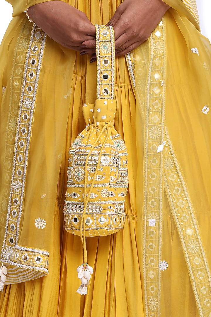 Yellow Habutai SIlk Crinkled Tiered Skirt Set by Surbhi Gupta at Pernia's Pop Up Shop