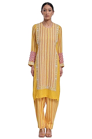 Yellow Bemberg Organza Printed & Embroidered Kurta Set by Surbhi Gupta