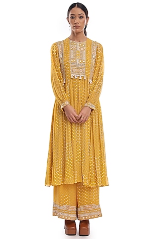 Yellow Georgette Printed & Embroidered Kurta Set by Surbhi Gupta