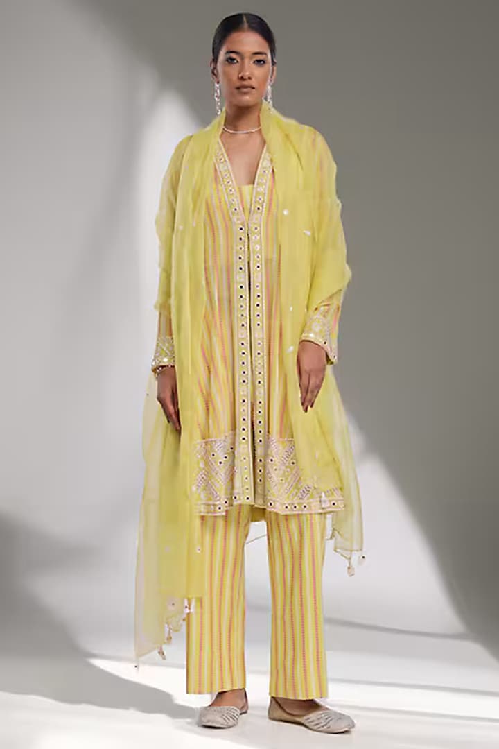 Lime Green Georgette Block Printed & Pearl Embroidered Kurta Set by Surbhi Gupta at Pernia's Pop Up Shop
