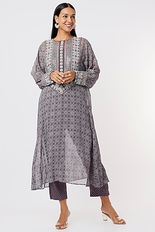 Mauve Block Printed Kurta Set by Surbhi Gupta