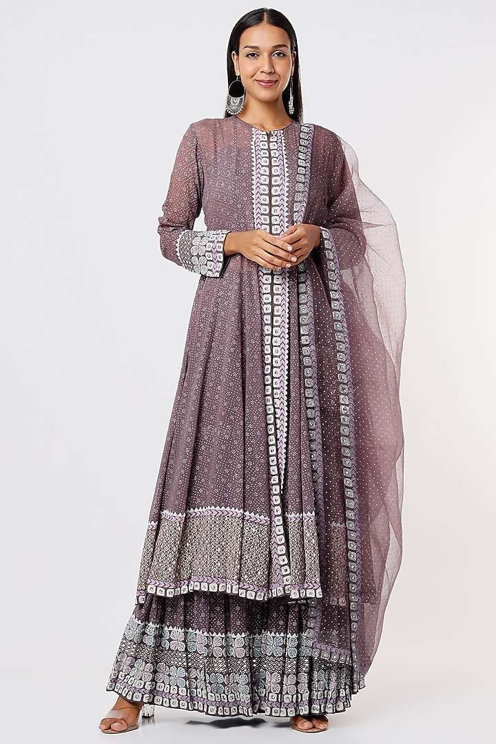 Mauve Hand Embroidered Anarkali Set by Surbhi Gupta at Pernia's Pop Up Shop