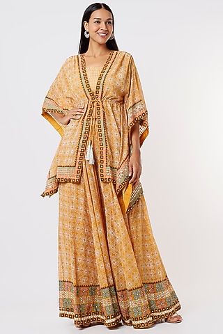 Ochre Yellow Hand Embroidered Kaftan Set by Surbhi Gupta