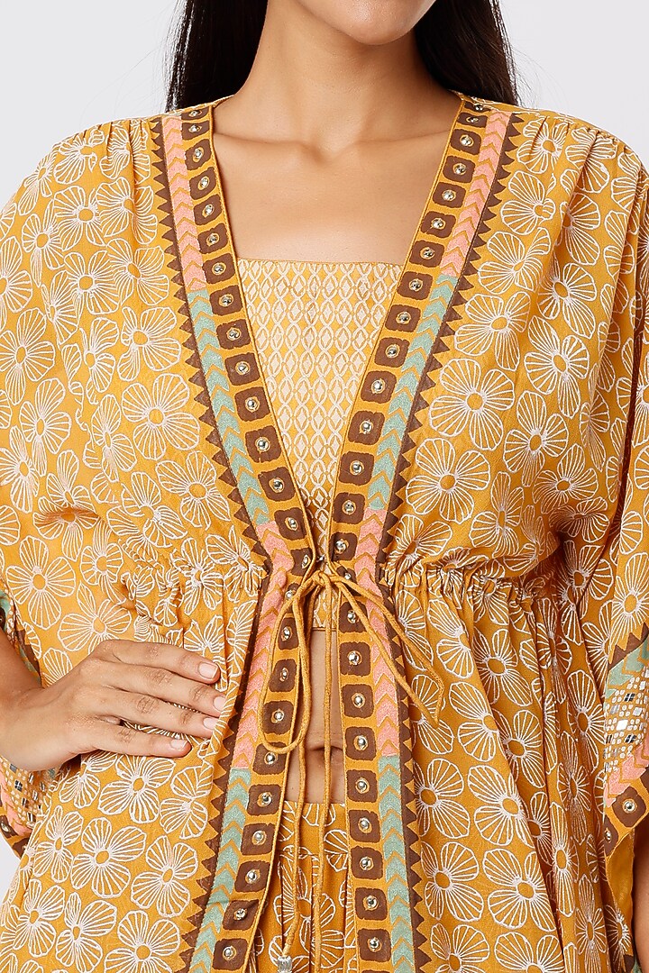 Ochre Yellow Hand Embroidered Kaftan Set by Surbhi Gupta at Pernia's Pop Up Shop