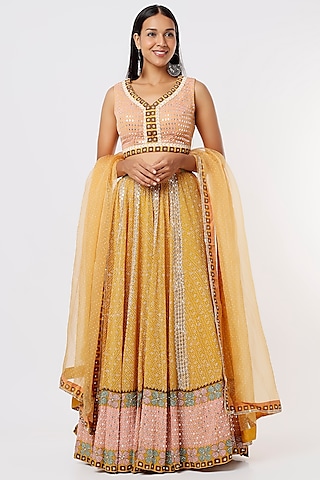 Ochre Yellow Block Printed Lehenga by Surbhi Gupta